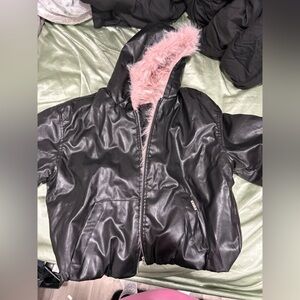 DEKAYED Women's Faux Leather Jacket with Pink Fur Trim